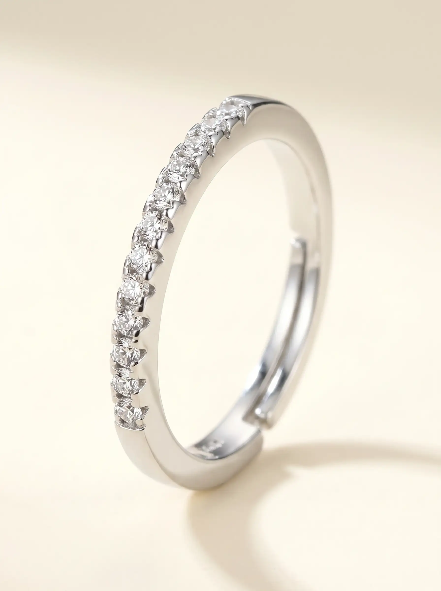 Silver plated adjustable ring with diamond finish crystal band for women