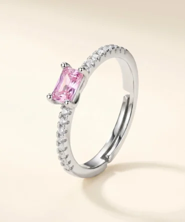 Silver plated adjustable ring with pink rectangular stone and American diamond detailing for women