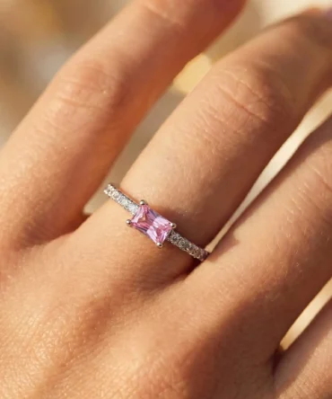 Silver plated adjustable ring with pink rectangular stone and American diamond detailing for women