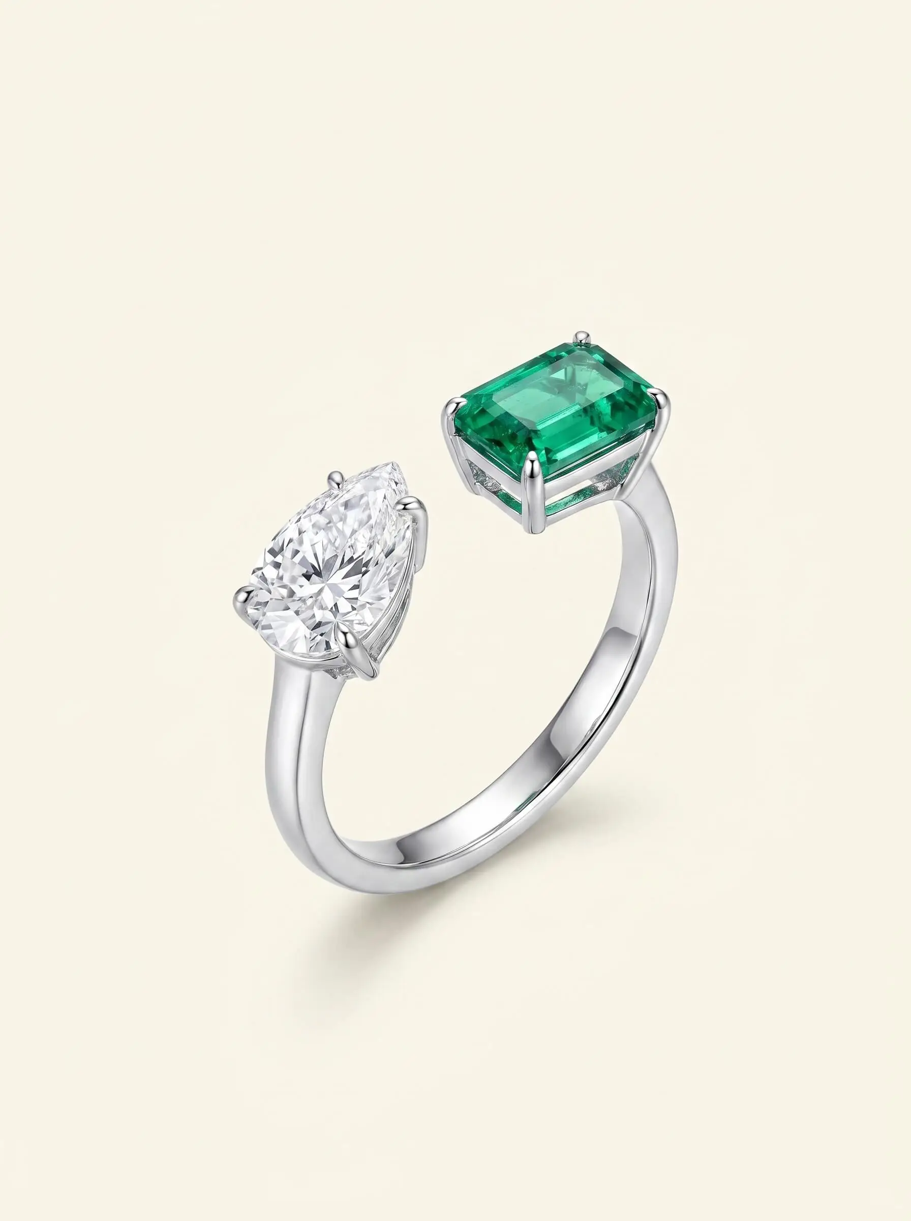 Silver plated anti tarnish ring with green rectangular stone and crushed ice crystal detailing for women