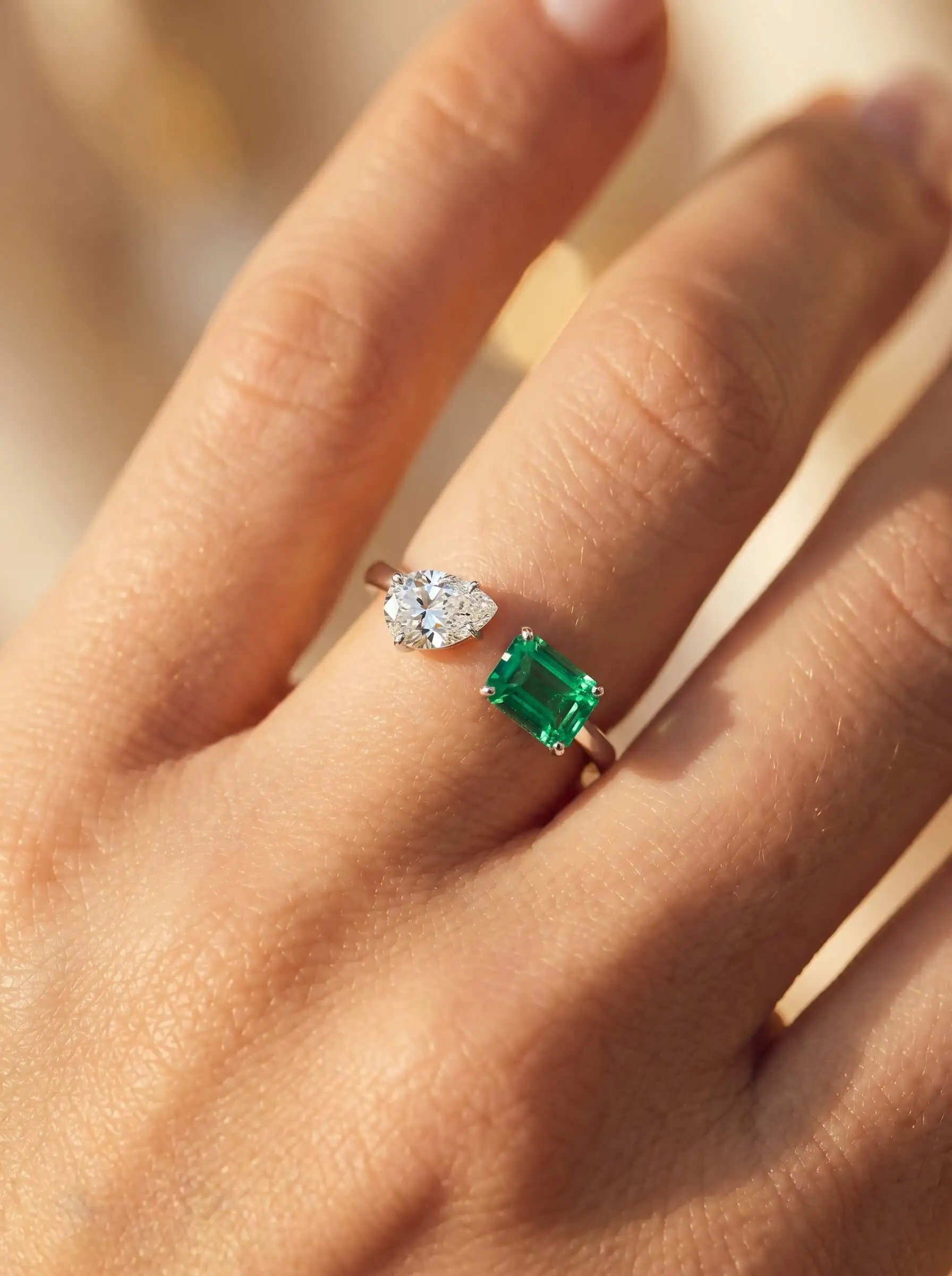 Silver plated anti tarnish ring with green rectangular stone and crushed ice crystal detailing for women